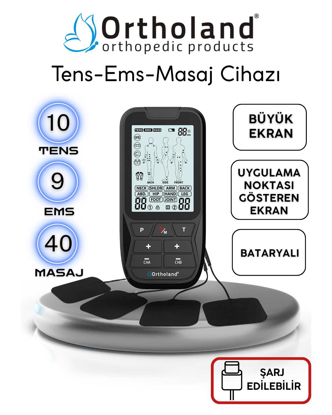 Tens Ems Masaj Cihazı 2 Kanallı Bataryalı Portatif Fizik Tedavi Cihazı Şarj Edilebilir